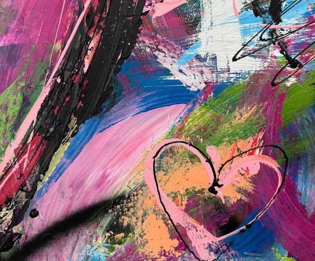 オリジナル絵画 カラフルな抽象的なハートアート 大胆で鮮やかな