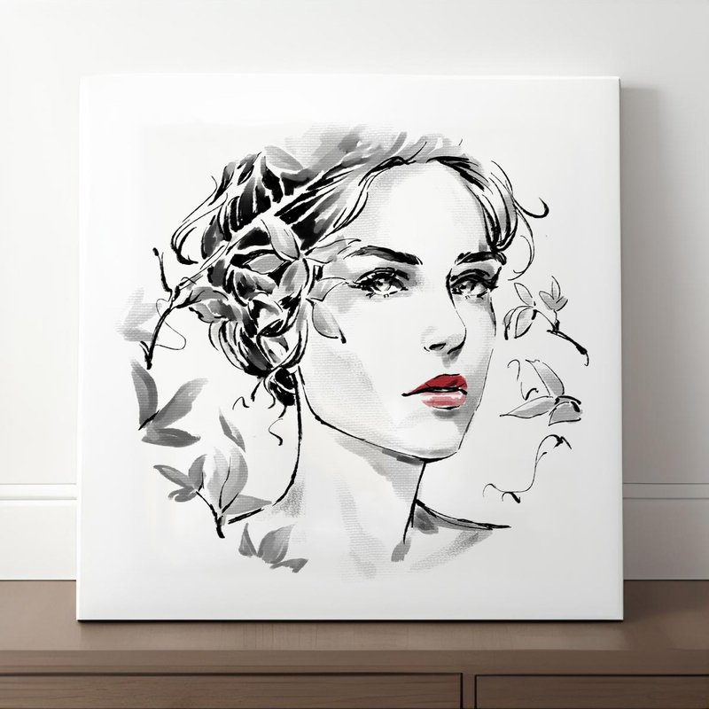 Black and White Sumi-e Portrait of Women Canvas Print for Living Room or Bedroom - Wall Décor - Paper White