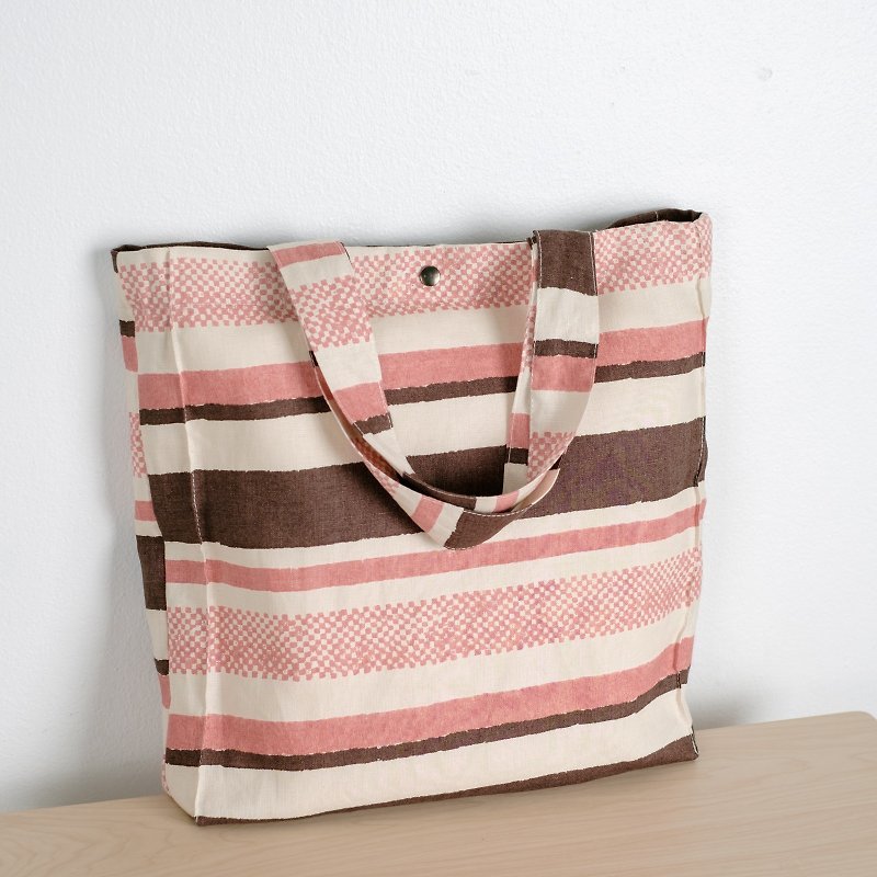 Casual Linen Tote Bag (Vintage Pink & Brown) - Handbags & Totes - Cotton & Hemp Multicolor