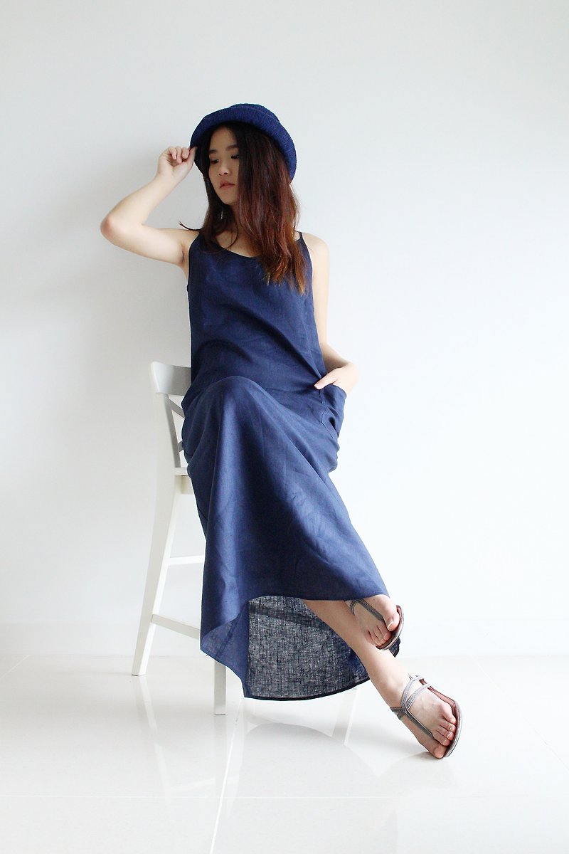Made to order linen dress / linen clothing / long dress / casual dress E22D - 連身裙 - 亞麻 藍色