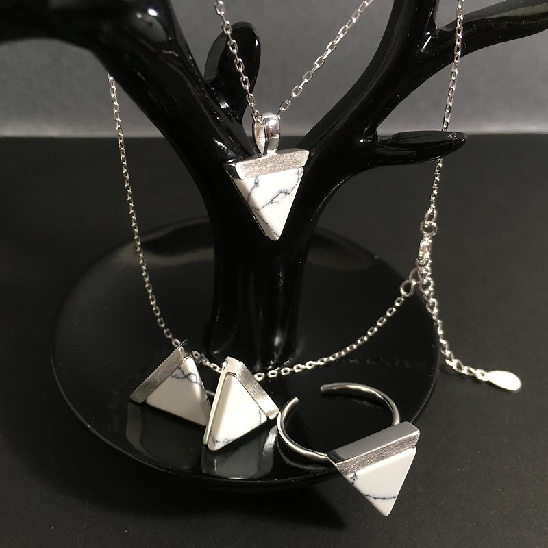 925 Blunt Silver Marble Set (Necklace + Earrings + Ring) - สร้อยติดคอ - โลหะ สีเงิน
