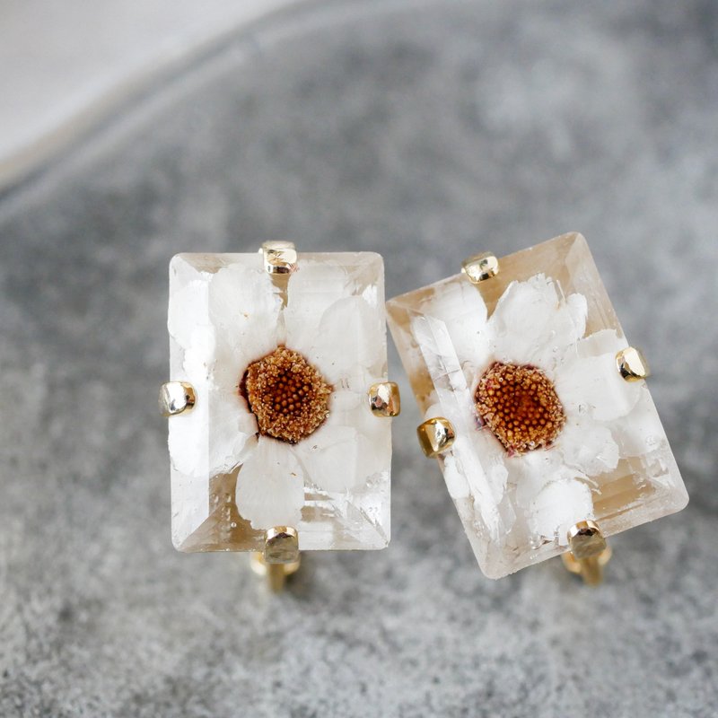 デイジーのお花入り/ドライフラワーイヤリング/レクタング・長方形シリーズ - 耳環/耳夾/耳骨夾 - 樹脂 白色