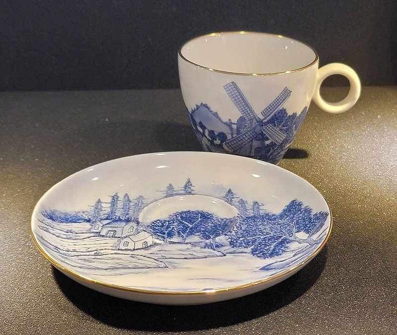 手繪古典荷蘭風車杯盤組(藍繪) - 咖啡杯/馬克杯 - 瓷 藍色