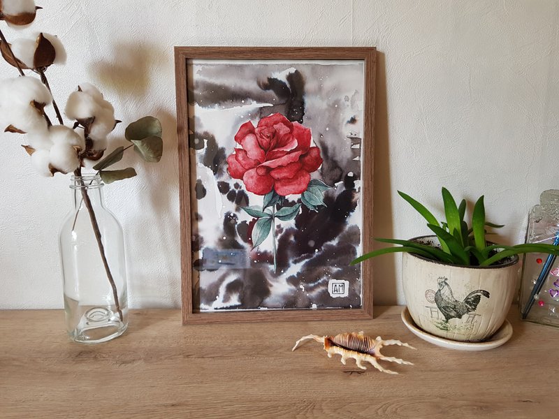 Original Watercolor artwork hand painted mixed technique  Red Rose - 壁貼/牆壁裝飾 - 其他材質 