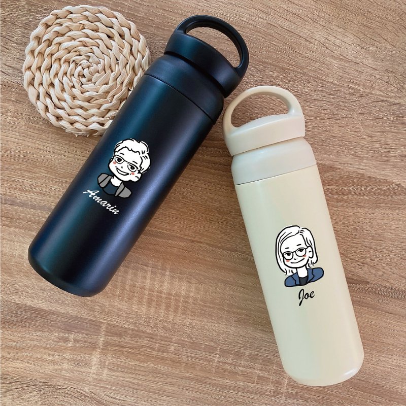【艾米薇兒 人物簡筆似顏繪】日式插畫風手提保溫杯 500ml - 保溫瓶/保溫杯 - 不鏽鋼 