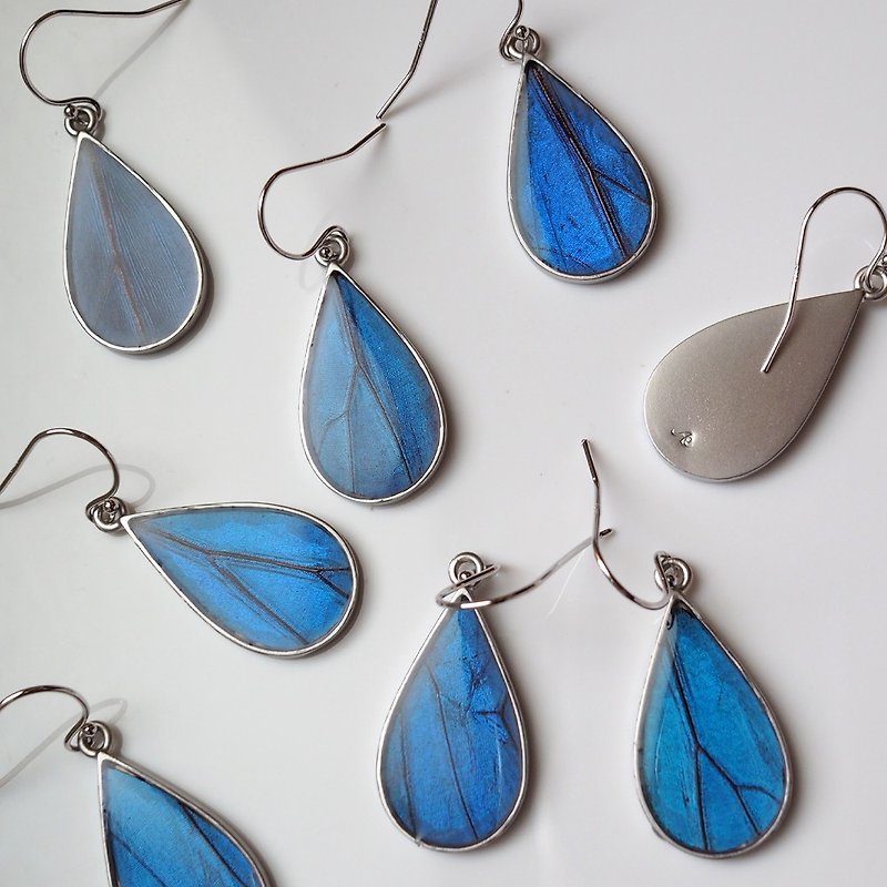 Morpho Butterfly Splash Drop Earrings Pair Matte Silver - Earrings & Clip-ons - Other Metals Blue