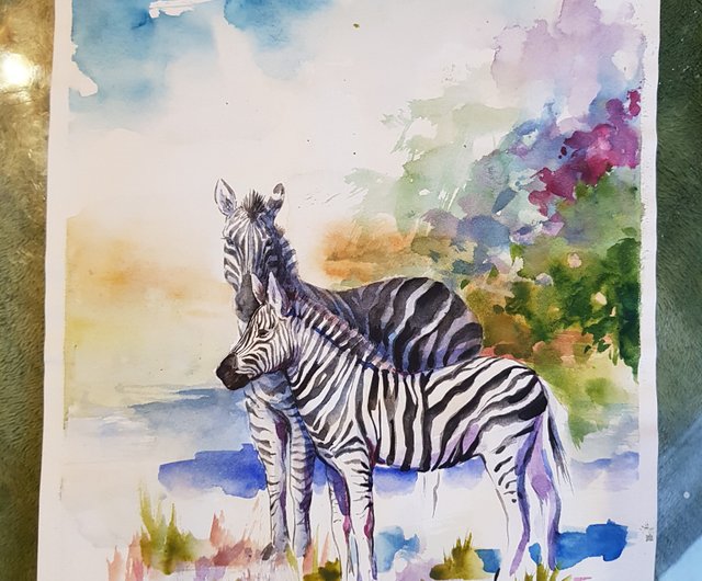 紙に手描きの水彩画の2つのシマウマのアートワーク - ショップ