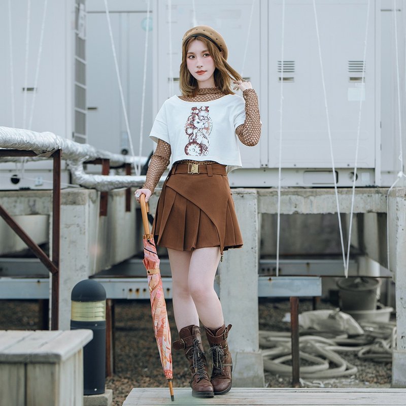 蒸汽朋克 橘棕色 不規則 剪裁設計感 百褶裙 半裙 短裙 - 裙子/長裙 - 聚酯纖維 咖啡色