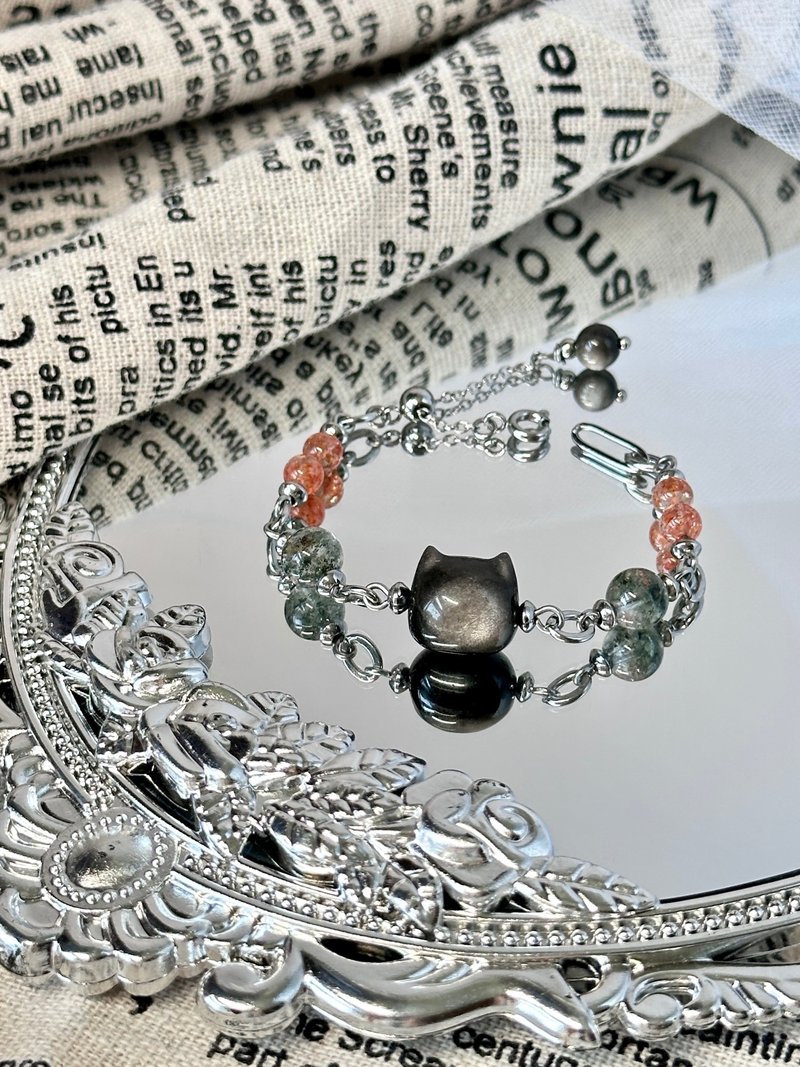 Cat's Lucky Crystal Bracelet - Medical Steel/Cat Star/ Silver Stone/Golden Sun/Green Ghost - สร้อยข้อมือ - คริสตัล สีเขียว