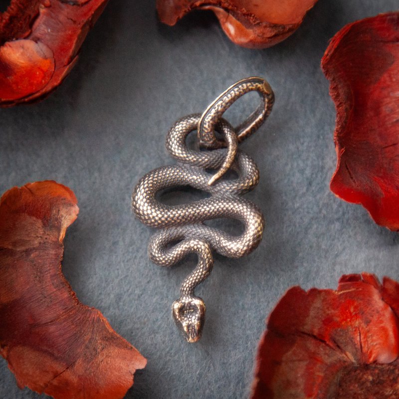 Snake pendant on leather cord. Handcrafted necklace. Serpent jewelry. Present - สร้อยคอ - โลหะ สีส้ม