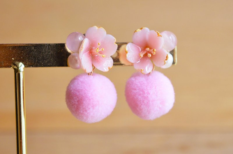 Cherry Blossom Ball Sterling Silver Earrings/ Clip-On - Earrings & Clip-ons - Clay Pink