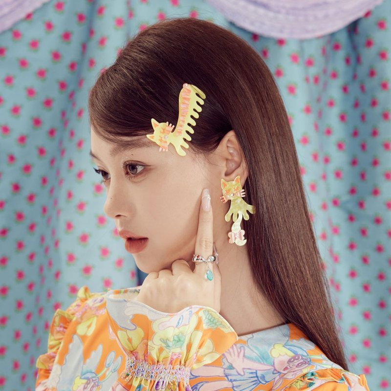 亞克力擺尾可愛小貓耳釘耳夾發卡耳飾原創設計 - 耳環/耳夾/耳骨夾 - 其他材質 多色
