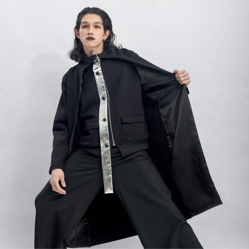 INF 假兩件設計長版印花鋪棉外套 - 男夾克/外套 - 聚酯纖維 黑色