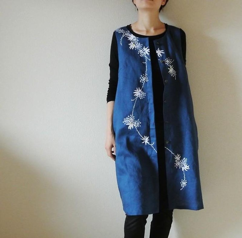 リネンロングベスト・ブルー　海中植物 - 女裝 上衣 - 棉．麻 藍色