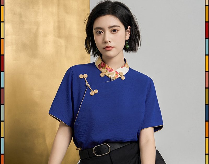 Klein Blue New Chinese Retro Tibetan Clothing Gorgeous Brocade Stand Collar Short Sleeve Top - Women's Tops - Other Materials Blue