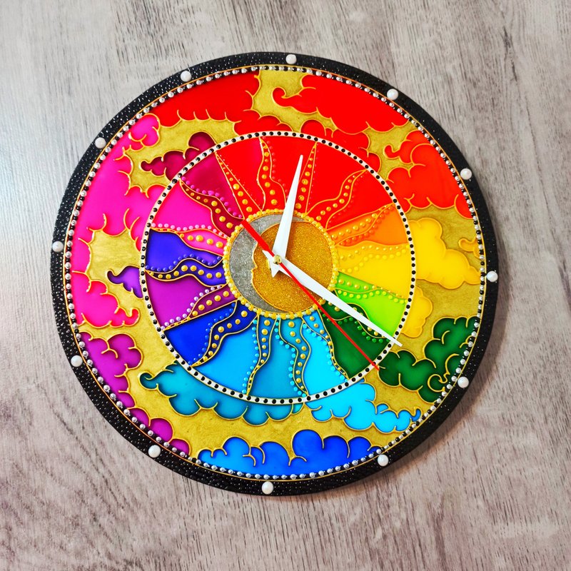 Rainbow stained glass wall clock Sun Moon Unique contemporary modern decor art - นาฬิกา - แก้ว หลากหลายสี