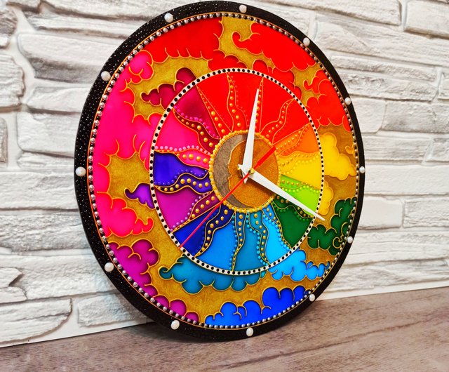 レインボーステンドグラスの壁掛け時計サンムーンユニークな現代