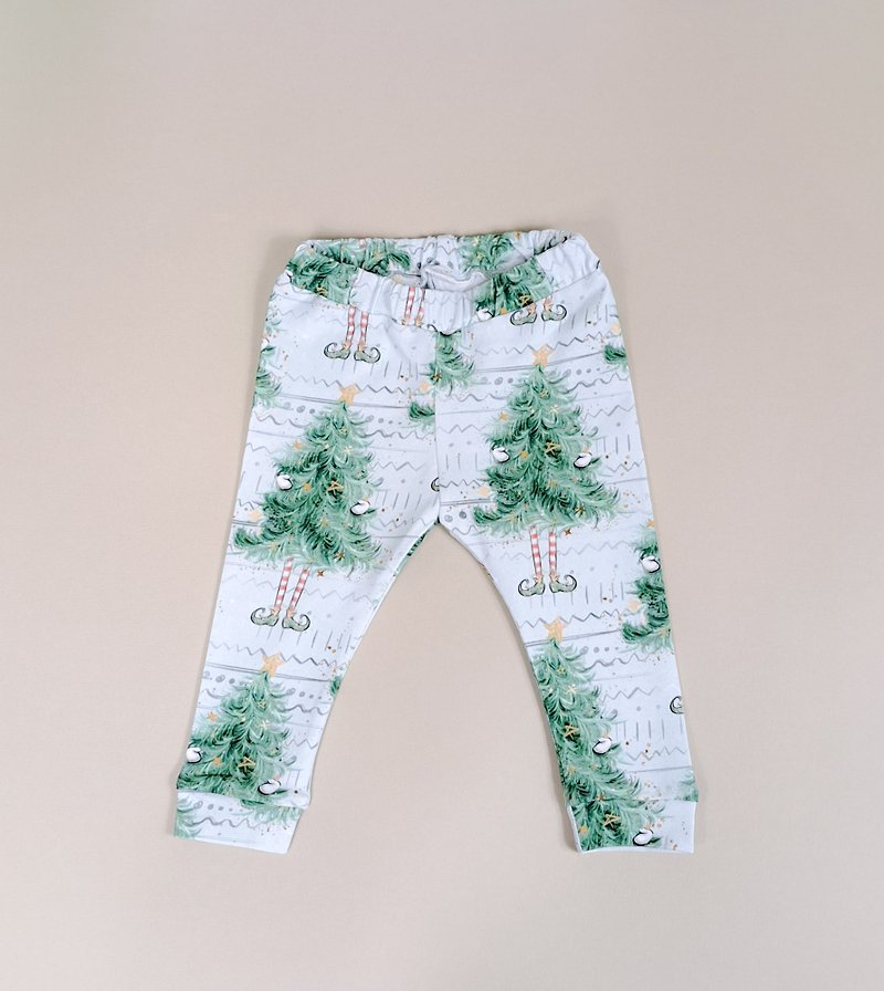 棉．麻 男/女童長褲/短褲 多色 - Christmas Trees baby pants, Holiday baby pants, Xmas baby gift, Xmas green pants