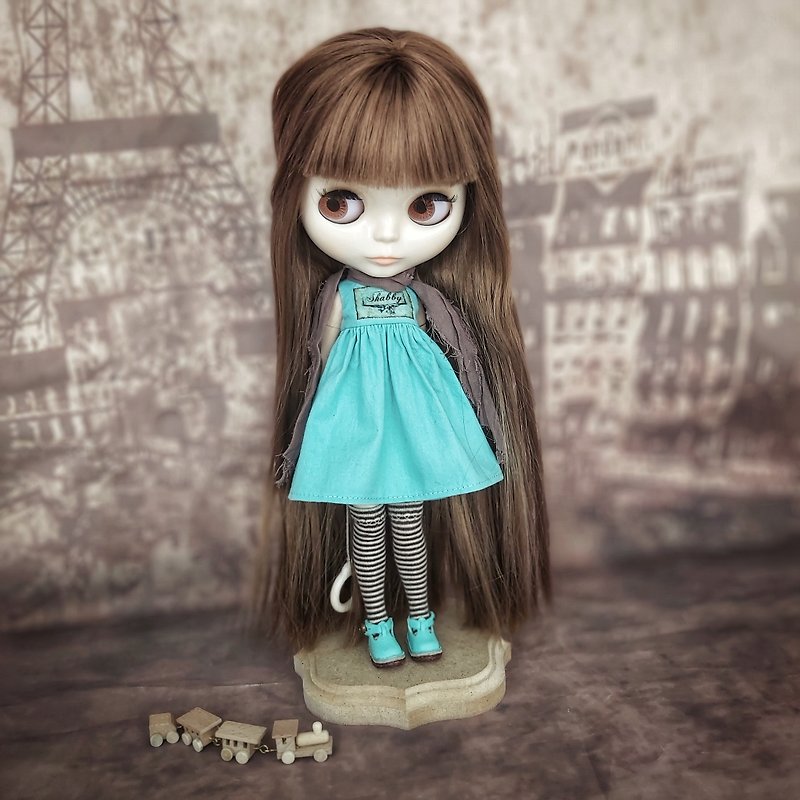 Set clothes for Blythe doll: aqua-blue dress, leather sandals, scarf, stockings - 寶寶/兒童玩具/玩偶 - 棉．麻 藍色