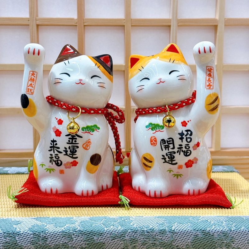 【金運招福】日本彩繪.金運.招福.招財貓 一對 - 擺飾/家飾品 - 瓷 白色