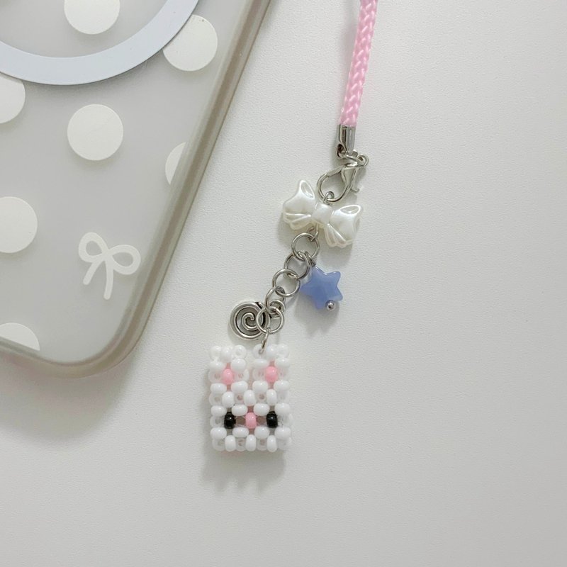 Square Rabbit Mini Beads Keyring - 鑰匙圈/鑰匙包 - 壓克力 粉紅色