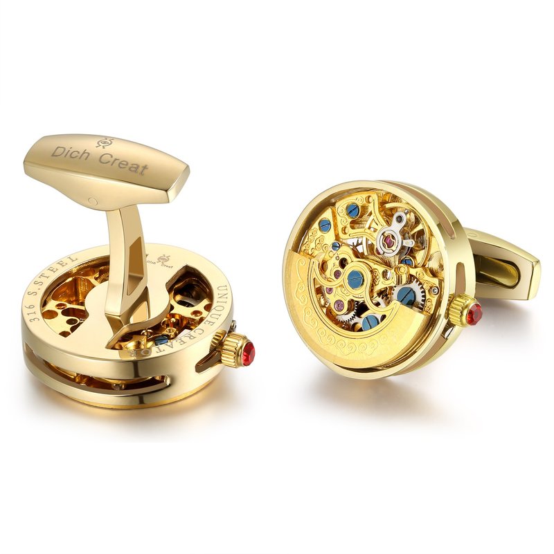 18K Gold Plated skeleton Automatic Working Movement Cufflinks/Weeding Gift - กระดุมข้อมือ - สแตนเลส สีทอง