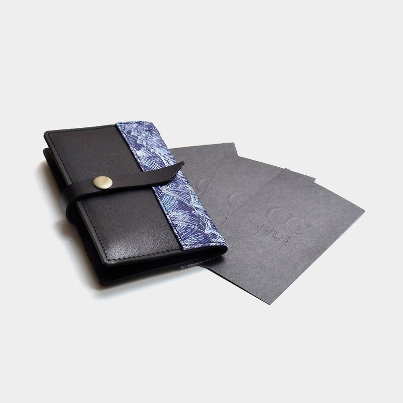 【Wall Street in Taichung, South Wales】 cowhide business card holder black leather card clip leisure card clip fabric splicing graduation gift guest lettering when the gift wave cloth - Card Holders & Cases - Genuine Leather Black