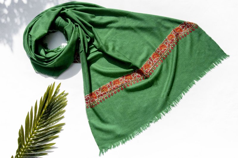 喀什米爾Cashmere 刺繡羊絨圍巾 純羊毛圍巾披巾 戒指絨披肩-花朵 - 圍巾/披肩 - 羊毛 綠色