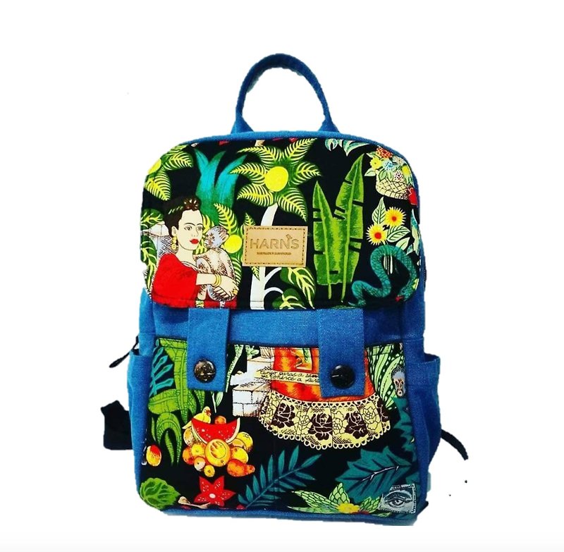 HARNS Backpack Floral Abstract Painting - กระเป๋าเป้สะพายหลัง - ผ้าฝ้าย/ผ้าลินิน สีน้ำเงิน
