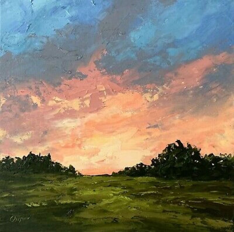 Original Sunset Sunrise Landscape Oil Painting On Canvas Textured Impasto Art - 壁貼/牆壁裝飾 - 棉．麻 多色