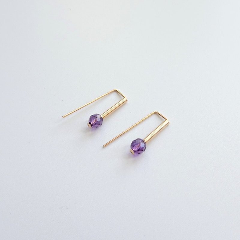 極簡幾何 天然紫水晶 14K GF 包金 小直管長方開口耳環 - 耳環/耳夾/耳骨夾 - 水晶 紫色