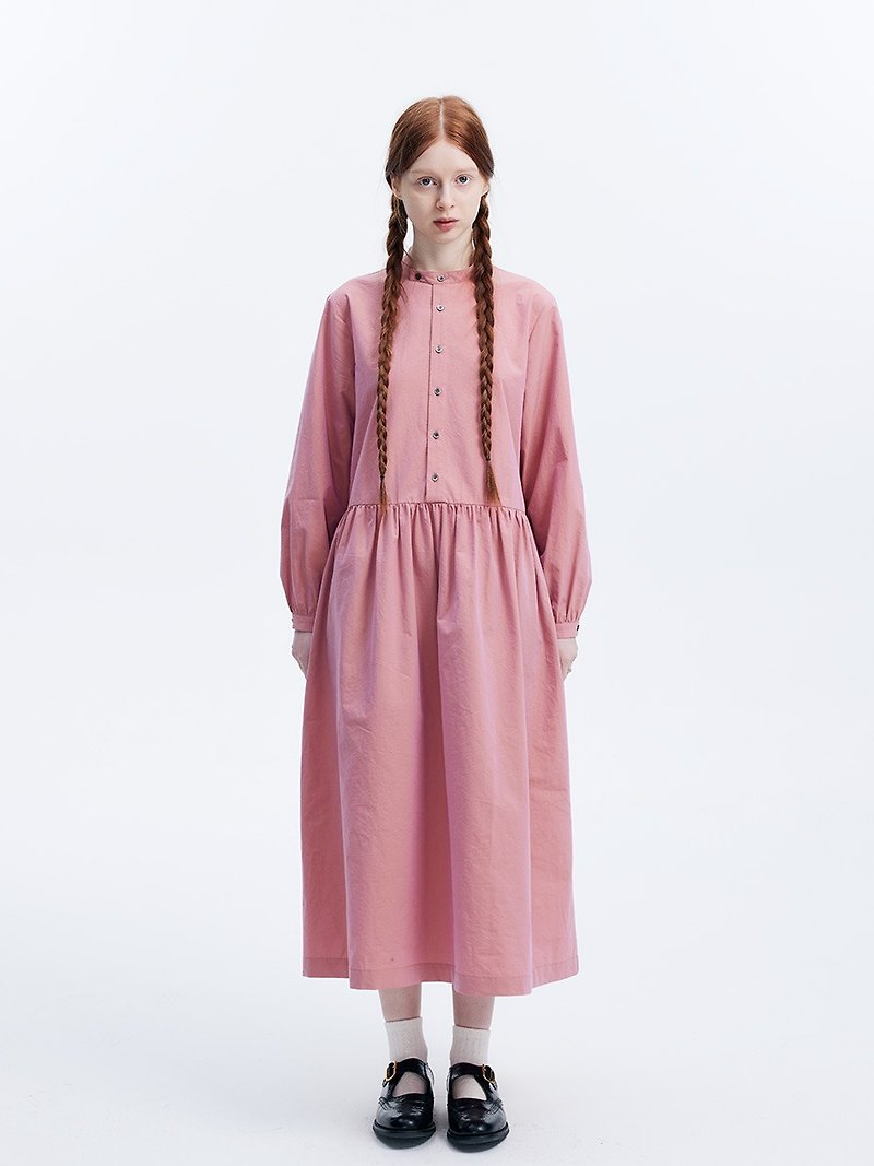 Pink basic long-sleeved retro art yarn-dyed Pima cotton dress - ชุดเดรส - ผ้าฝ้าย/ผ้าลินิน หลากหลายสี