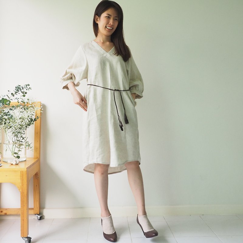 Flower Bloom Dress :  Linen Dresses Knee Length - 連身裙 - 棉．麻 咖啡色