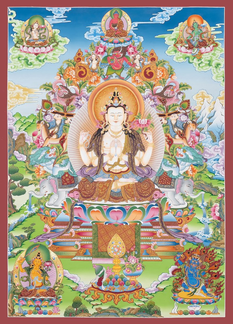 Tibetan Thangka Painting Four Armed Chenrezig on Silk Canvas Home Blessing - Wall Décor - Other Materials Multicolor