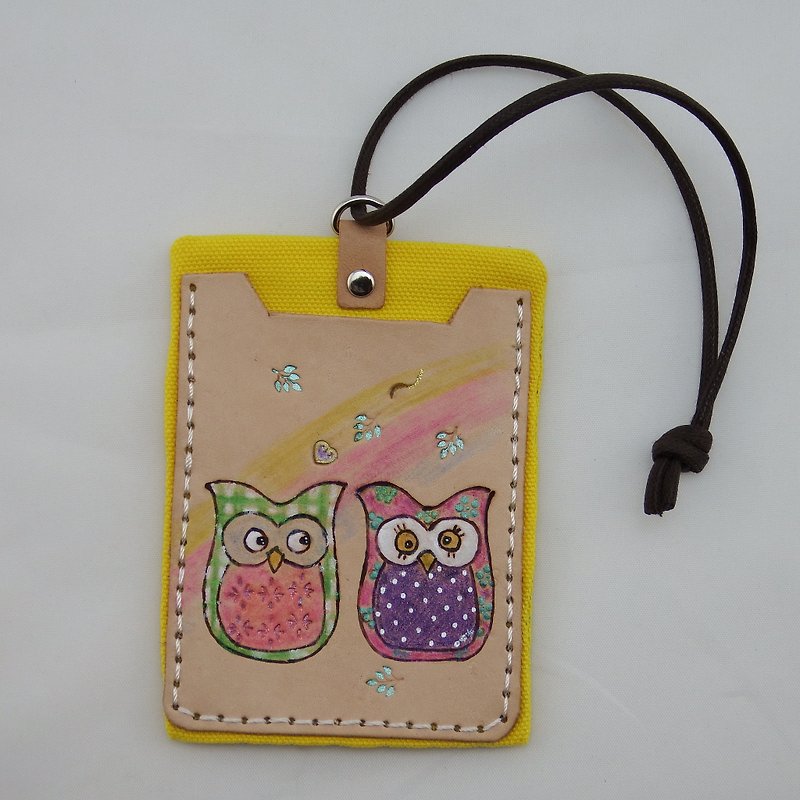 Vegetable tanned leather double card holder ID holder cute owl - ที่ใส่บัตรคล้องคอ - หนังแท้ สีเหลือง