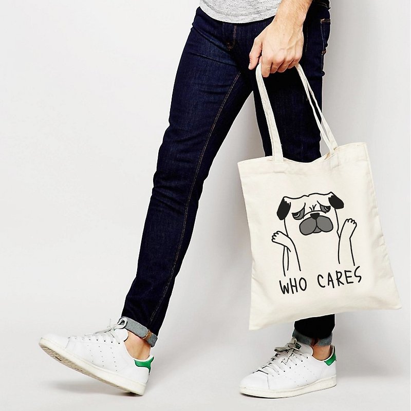 Who Cares Pug 帆布環保肩背手提包購物袋 米白 巴哥哈巴狗動物 - 側背包/斜背包 - 其他材質 白色