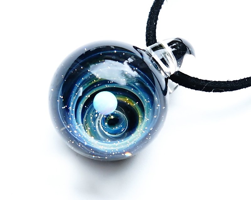 Gold vortex world of the universe. White opal filled glass pendant star planetary universe - สร้อยคอ - แก้ว สีน้ำเงิน