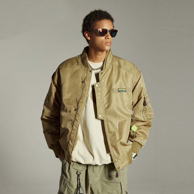 冬季夾棉飛行員夾克棉衣  男士棒球服棉服保暖外套 - 男夾克/外套 - 其他材質 卡其色