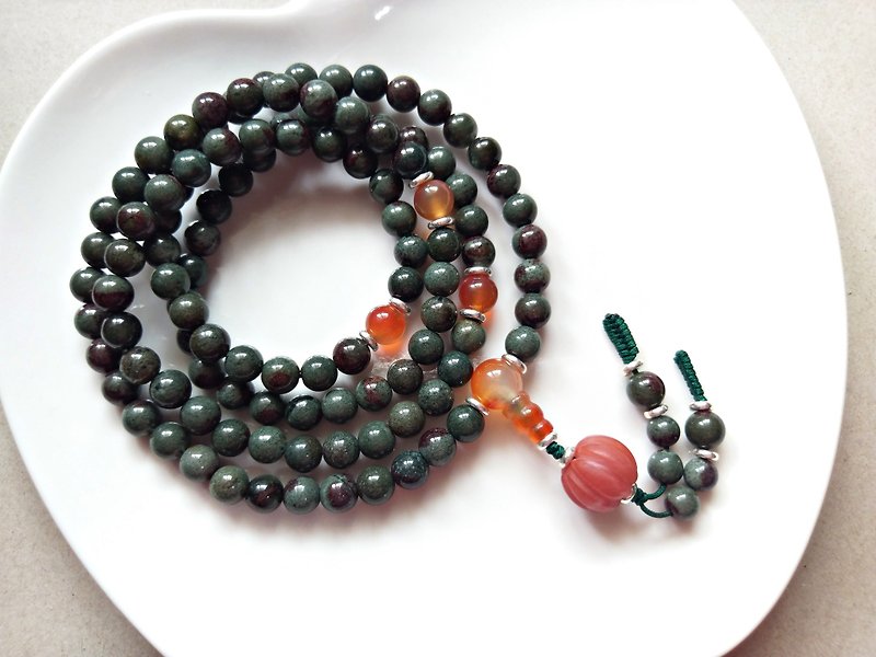 ORLI Jewelry Natural Red Green Ghost 108 Rosary South Red Agate Pumpkin Beads Natural Stone - Bracelets - Crystal Green