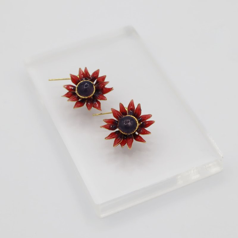 rudbeckiaピアス_チェリーブランデー - 耳環/耳夾/耳骨夾 - 樹脂 紅色