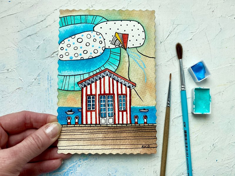 ビーチハウスペインティングミニアートオリジナルアートワーク小さな海岸壁アート - ポスター・絵 - 紙 多色