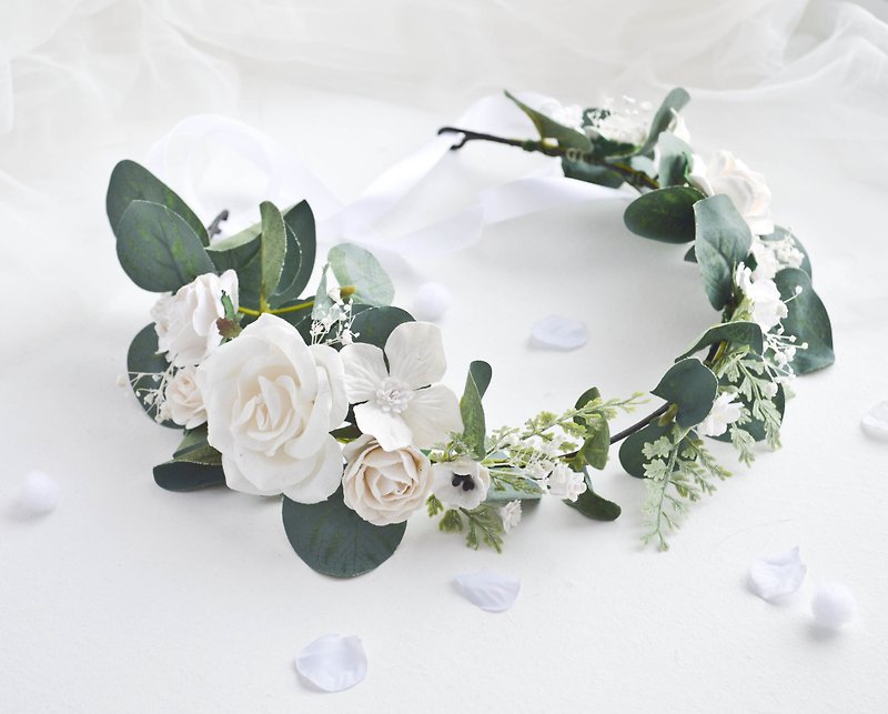 Greenery crown, Eucalyptus crown, White floral crown, Boho flower crown - 髮飾 - 紙 白色