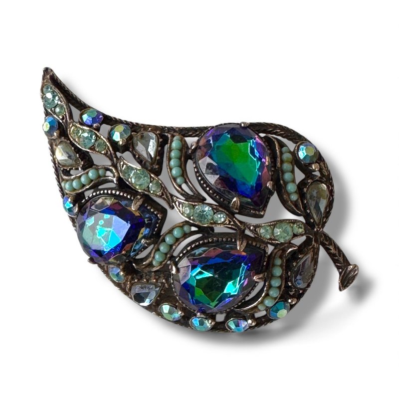 Vintage Florenza blue leaf crystal brooch 1960's extremely rare pin - 心口針/胸針 - 其他材質 藍色