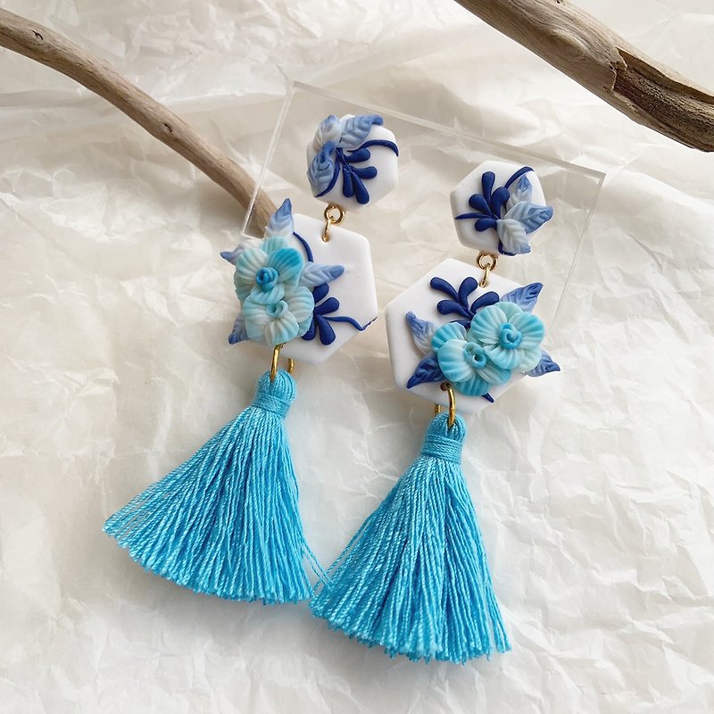 Maureen-Blue and White Porcelain Series-Large Fringe-Handmade Soft Pottery Earrings - Earrings & Clip-ons - Pottery Blue