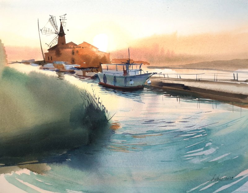 Windmill and a boat by a river channel - Original watercolor - 壁貼/牆壁裝飾 - 紙 