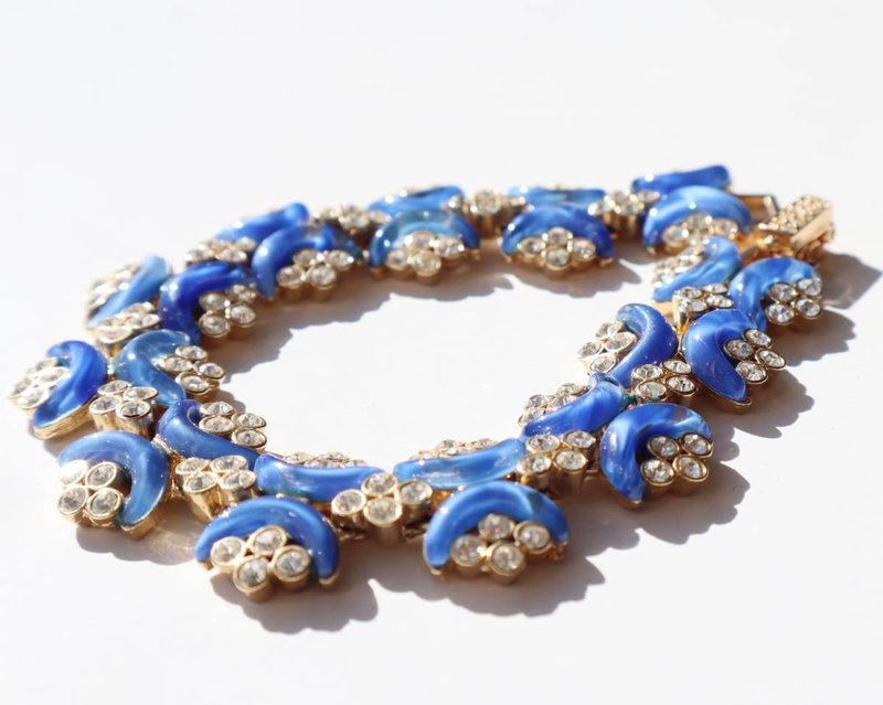 80s vintage blue gold rhinestone bracelet - 手鍊/手環 - 其他金屬 藍色