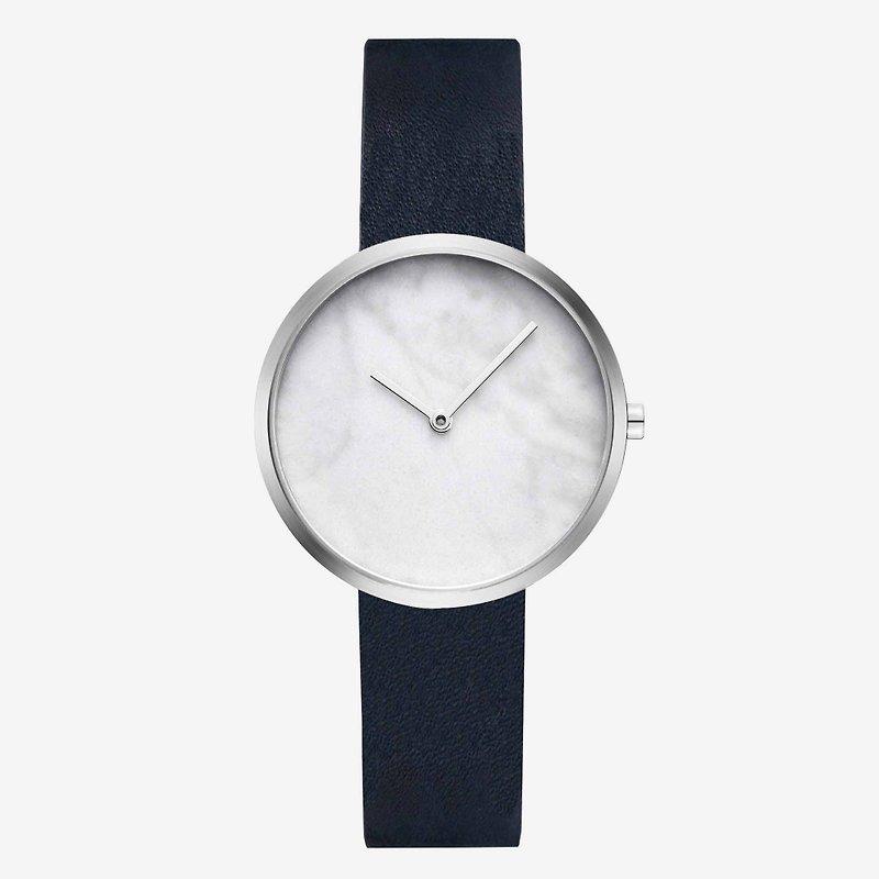 Outline Silver 34mm Navy Blue Italian Leather Belt True Marble Surface Swiss Movement Sapphire Glass Flower Stainless Steel Scratch Navy Blue Italian Leather Belt Made in Hong Kong MAVEN Watch - Women's Watches - Genuine Leather Blue