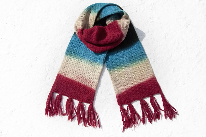 手織純羊毛圍巾/針織圍巾/鉤織條紋圍巾/手工針織圍巾-彩虹條紋 - 圍巾/披肩 - 羊毛 多色