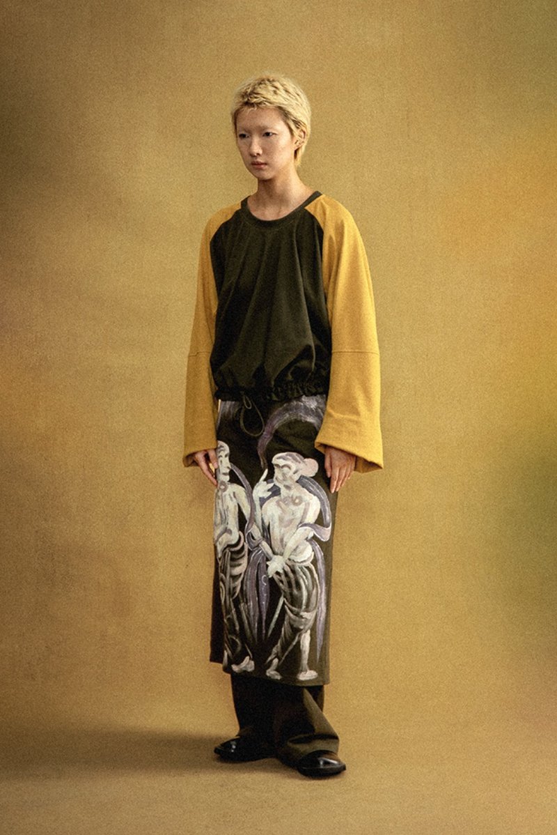 Hand Painted Divided Skirt 飛天壁畫 手繪褲裙 無性別穿搭 - 中性長褲/短褲 - 尼龍 綠色