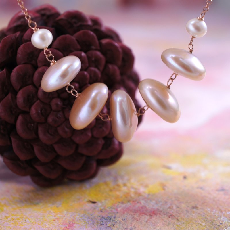 星空 - 飛碟形 粉紅色 珍珠 銀電18K玫瑰金 頸鍊 鎖骨鍊 - 項鍊 - 珍珠 粉紅色